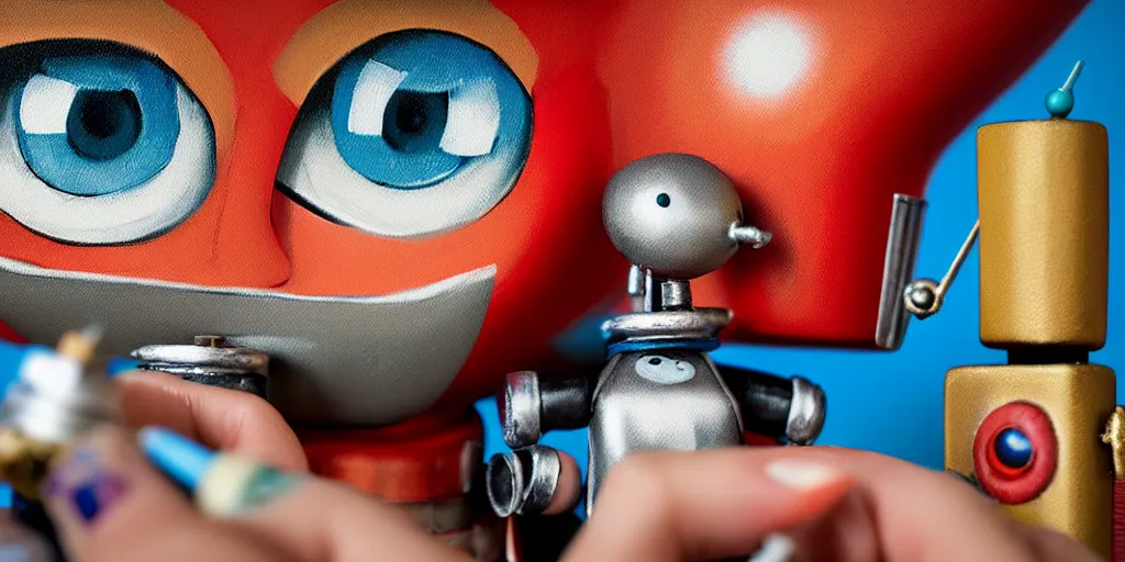 Prompt: closeup portrait of tin toy retro robot painter painting with gouache on white paper, in an artist workshop, depth of field, zeiss lens, detailed, centered, fashion photoshoot, by nicoletta ceccoli, mark ryden, lostfish, breathtaking, 8 k resolution, extremely detailed, beautiful, establishing shot, artistic, hyperrealistic, octane render