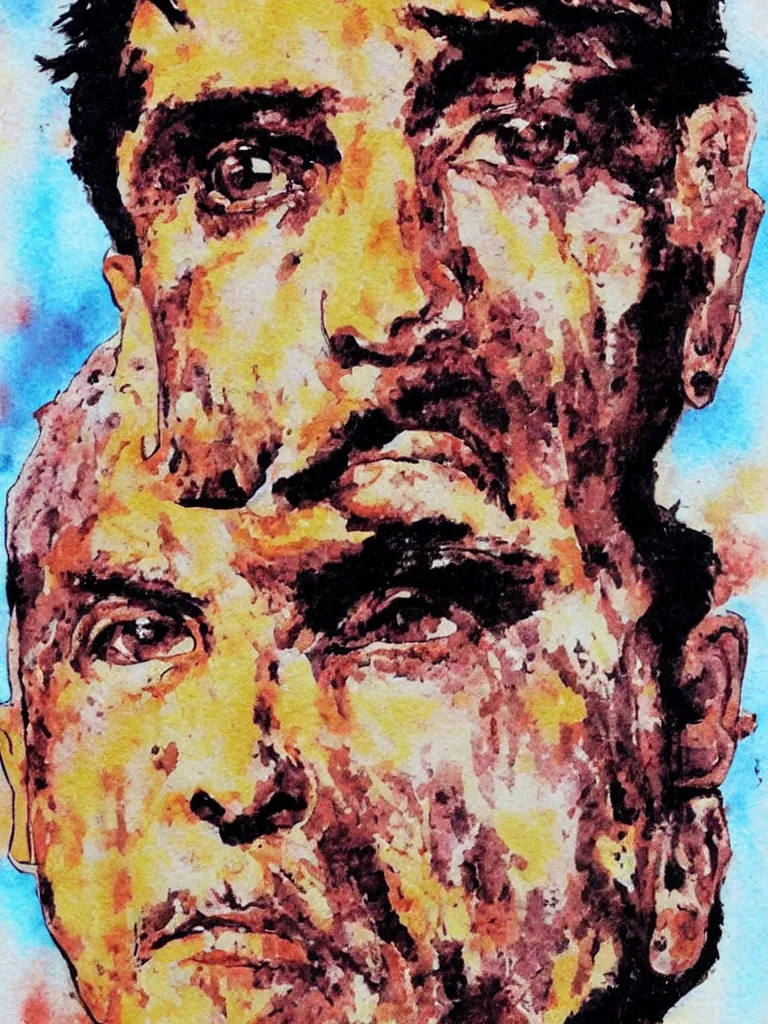 Image similar to close upt. cogerent eyes. detailed face. tony montana from movie scarface. color ink paint