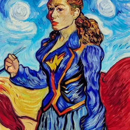 Image similar to Portrait painting of modern Vincent Van Gogh but in a Wonder Woman costume cosplaying as Gal Godot Wonder Woman Superhero by Claude Monet, original Post Impressionist art