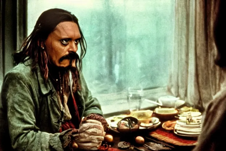 Prompt: soviet movie still jack sparrow sitting at a table next to the window with food, dark warm light, a character portrait by margarita terekhova, movie stalker solaris film still by andrei tarkovsky, 8 k, 1 9 8 4, close - up bokeh, gelios lens, color, noir