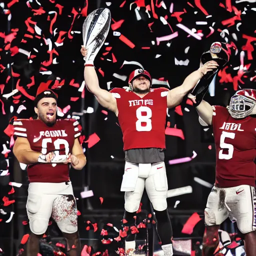 Image similar to baker mayfield lifts up the lombardi trophy, confetti, 8 k sports photography