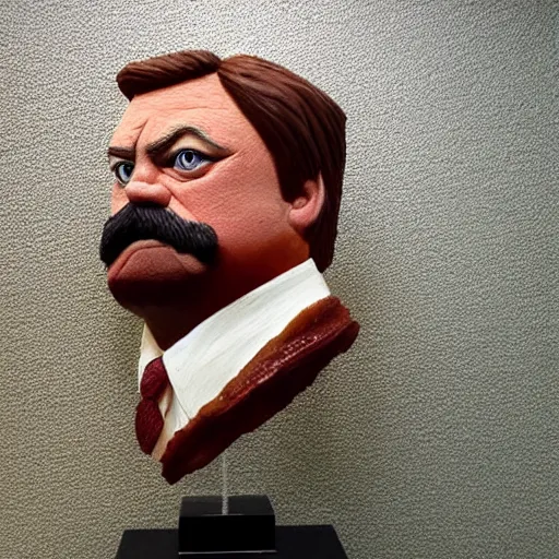 Image similar to ron Swanson made with bacon, sculpture, highly detailed