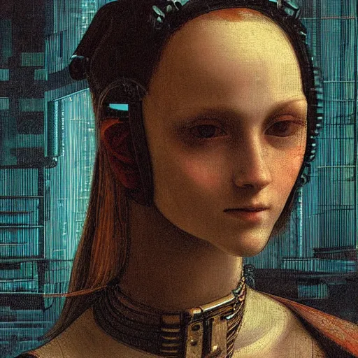 Image similar to a close - up portrait of a cyberpunk cyborg girl, by leonardo davinci