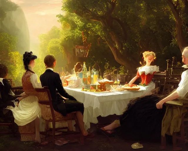 Prompt: an oil painting of victorian dinner, a digital painting by thomas cole, cgsociety, metaphysical painting, 2 d game art, storybook illustration, detailed painting