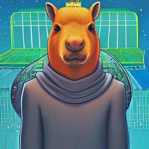 Prompt: a detailed painting of a capybara superhero by casey weldon by studio ghibli, new contemporary art, comic book illustration, anime