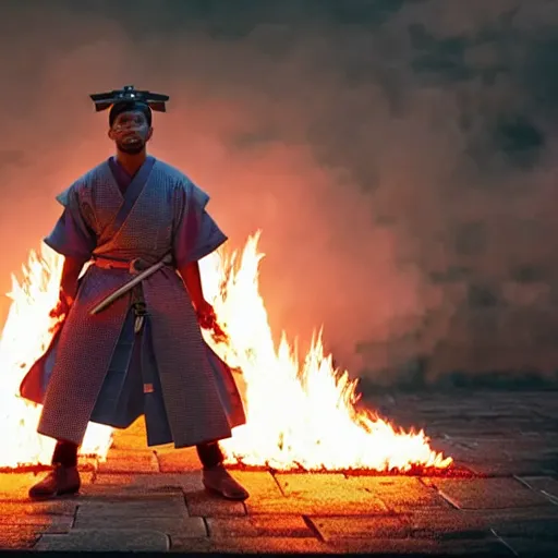 Image similar to cinematic film still of Chance The Rapper starring as a Samurai holding fire, Japanese CGI, VFX, 2022, 40mm lens, shallow depth of field, film photography