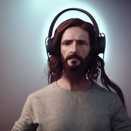 Image similar to jesus christ, with a gaming headset gaming, led lights, unreal engine, dslr, award winning, 8 k, octane beautifully detailed render, cold lighting, cinematic lighting, detailed photo,