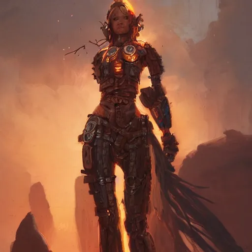 Prompt: a rustic woman wearing futuristic armor, detailed face, flaming hair, by greg rutkowski, mandy jurgens