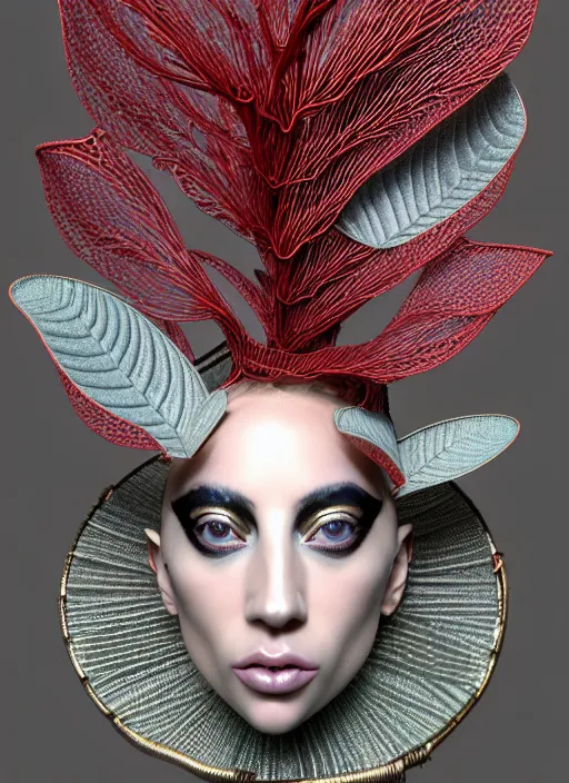 Prompt: complex 3d render ultra detailed of a beautiful porcelain lady gaga face, mechanical vegetal cyborg, 150 mm, beautiful natural soft light, rim light, silver gold details, magnolia big leaves and stems, roots, fine foliage lace, mesh wire, Alexander Mcqueen haute couture, lady Gaga style, intricate details, hyperrealistic, mandelbrot fractal, anatomical, red lips, silver metal armor, facial muscles, cable wires, microchip, elegant, white background, octane render, H.R. Giger style, 8k