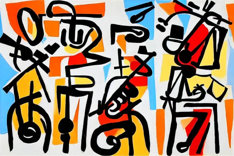 Prompt: four musicians playing with musical notes as abstract art in the style of Stuart Davis