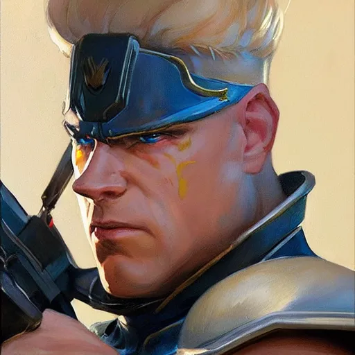 Image similar to greg manchess portrait painting of partially armored guile from street fighter as overwatch character, medium shot, asymmetrical, profile picture, organic painting, sunny day, matte painting, bold shapes, hard edges, street art, trending on artstation, by huang guangjian and gil elvgren and gerald brom