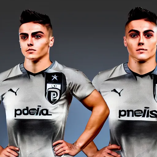 Image similar to a realistic detailed photo of a guy who is an attractive humanoid who is half robot and half humanoid, who is a male android, soccer player paulo dybala, shiny skin, posing like a statue, blank stare, in a living room, on display, showing off his muscles, with a twin