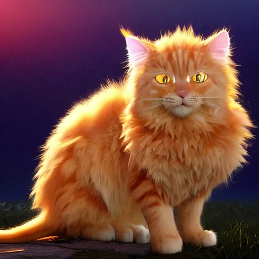 Image similar to colossal fluffy tabby cat going super saiyan, golden hour, fantasy, sharp focus, digital art, hyper realistic, 4 k, unreal engine, highly detailed, hd, dramatic lighting by brom, trending on artstation