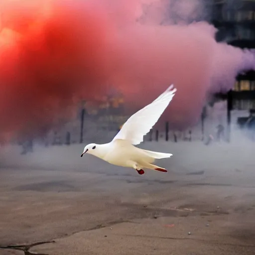 Image similar to photograph of a white dove flying through a warzone smoke bombs explosions in background