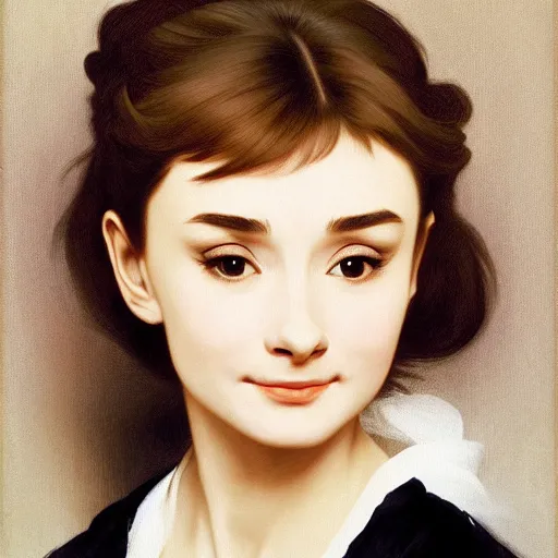 Image similar to A masterpiece head and shoulders portrait of Audrey Hepburn by William Adolphe Bouguereau and Makoto Shinkai