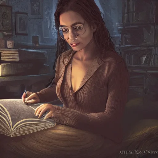 Image similar to a brown female author writing a book with a pen in an eerie cottage in the woods, detailed digital art, trending on artstation, realistic! 8k, anatomically correct