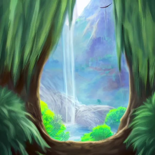 Image similar to a beautiful landscape including a waterfall and a forest through a window, cat sitting on the edge of the window, illustration, digital art, trending on artstation, no signature