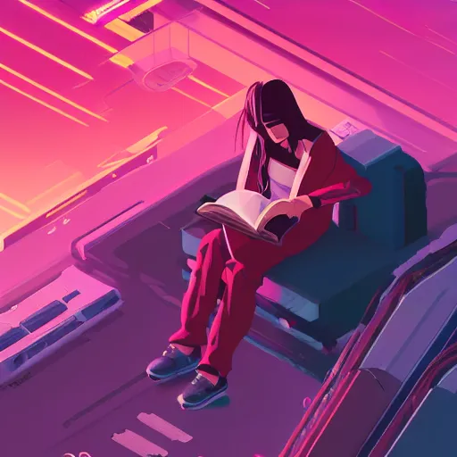 Image similar to a girl reading a book, her hair flowing down, cyberpunk art by by james gilleard, cgsociety, retrofuturism, synthwave, retrowave, outrun