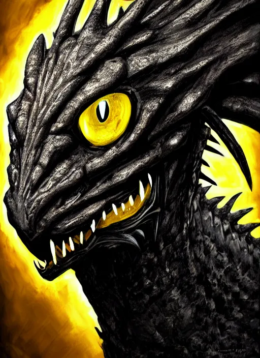 Image similar to closeup portrait of black dragon head with yellow eyes, ultra realistic, fantasy, magic, dnd,