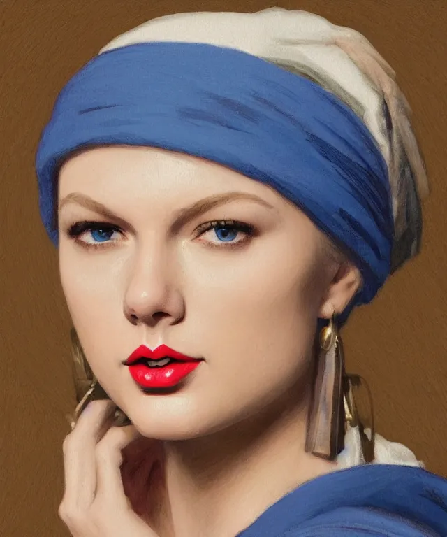 Image similar to Taylor Swift as the girl with the pearl earring, highly detailed, digital painting, artstation, concept art, smooth, sharp focus, illustration, ArtStation, art by artgerm and greg rutkowski and alphonse mucha and J. C. Leyendecker and Edmund Blair Leighton and Katsuhiro Otomo and Geof Darrow and Phil hale and Ashley wood and Ilya repin and Charlie Bowater