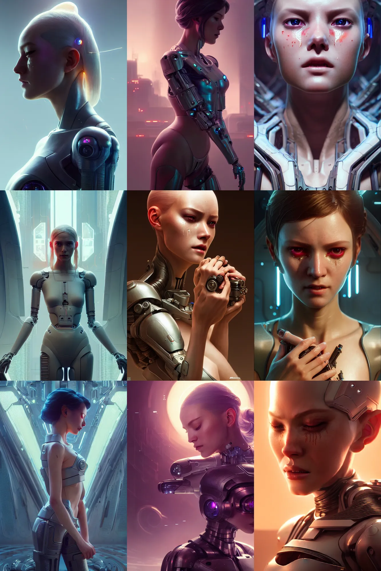 Prompt: crying beautiful female android!, intricate detailed environment, photorealistic!, octane render, mechanical, concept art, cinematic lighting, digital art, cinematic, cgsociety, hyper realism, cyberpunk 8 k. by artgerm and wlop and maciej kuciara and godmachine and moebius and rossdraws and greg rutkowski and alphonse mucha