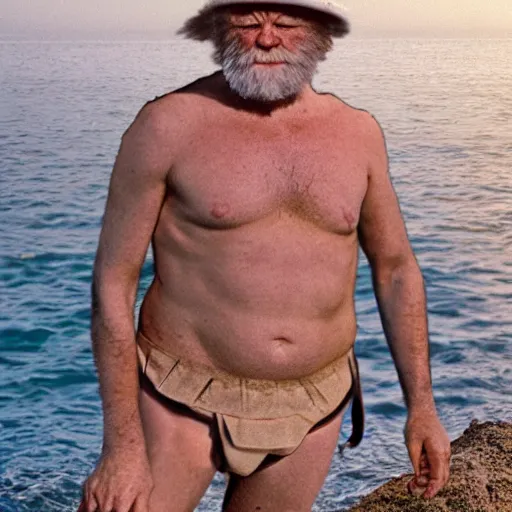 Prompt: charles darwin in a bikini realistic 4 k photograph sunny beach happy