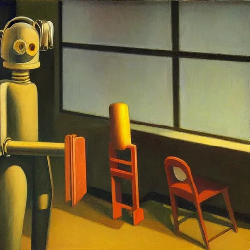 Image similar to robot overlords, grant wood, pj crook, edward hopper, oil on canvas