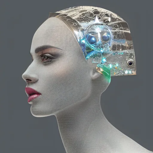 Image similar to portrait of a beautiful futuristic woman layered with high-tech jewelry wrapping around her face and head, 2067