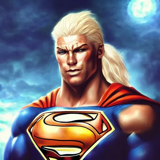 Image similar to a esthetic portrait commission of a muscular antrho albino tiger wearing the superman outfit,hyperdetailed face,character design by charlie bowater,ross tran,artgerm,makoto shibkai,photorealistic,western comic book art,film poster,deviantart,artstation