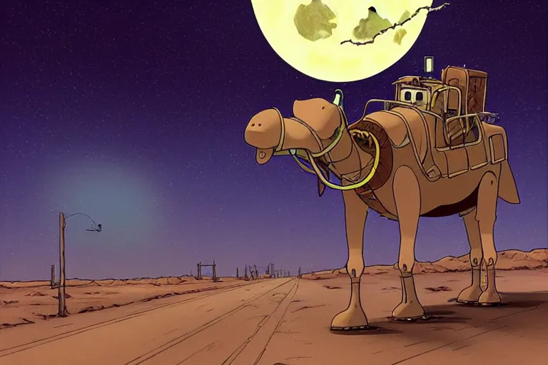 Image similar to a cell shaded cartoon of a lovecraftian mechanized camel from howl's moving castle ( 2 0 0 4 ), on a desert road, in front of a full moon, full body, wide shot, very muted colors, post grunge, studio ghibli, laurie greasley, highly detailed, deviantart, art by artgem