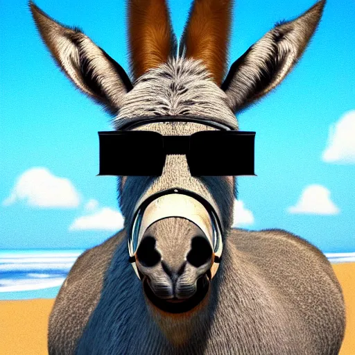 Prompt: A donkey wearing cool sunglasses at the beach, digital art, in the style of mbsjq, artstation