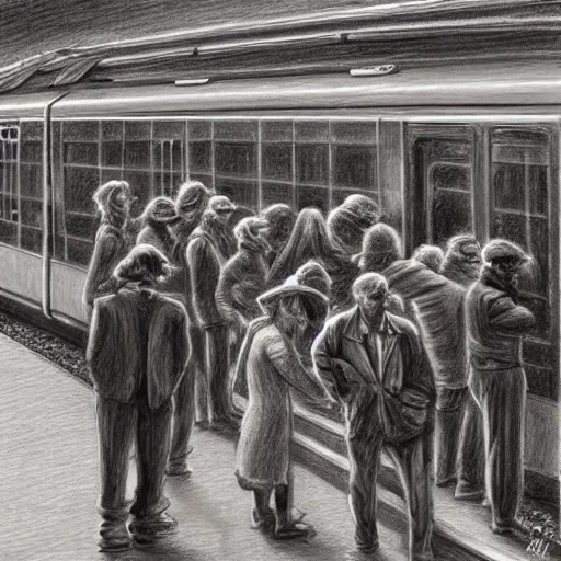 Prompt: A beautiful drawing of a group of people waiting at a railway station. The people in the artwork are all waiting for a train that is about to arrive. burnt umber by Heather Theurer monumental