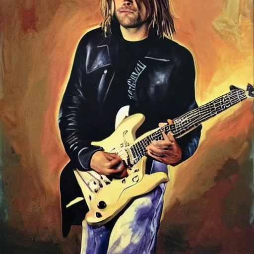 Image similar to Kurt Cobain playing guitar by Mario Testino, oil painting by by Caravaggio