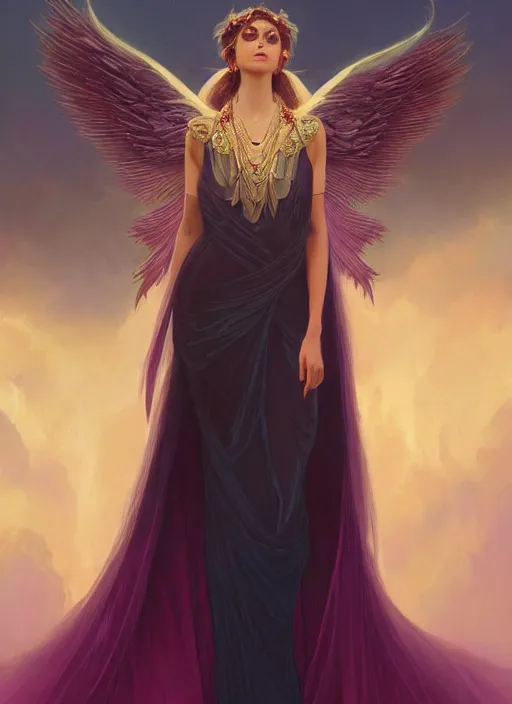 Image similar to ombre velvet gown, beautiful elegant bird woman with wings, portrait, dramatic light on face, long hair, tiara, dozens of jeweled necklaces, by greg rutkowski, brom, anato finnstark, alphonse mucha