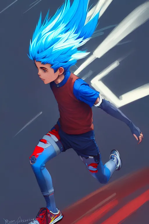 Image similar to clear portrait of adventurous boy with blue hair, slightly spikey hair, red running shoes, fast runner, background hyper detailed, character concept, full body, dynamic pose, glowing lights!! intricate, elegant, highly detailed, digital painting, artstation, concept art, smooth, sharp focus, illustration, art by artgerm and greg rutkowski and alphonse mucha