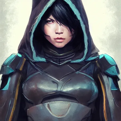 Prompt: cassandra cain in destiny hunter armor, wearing a hooded cloak, beautiful face!!!!, 2 7 years old, cg animation, solo, realistic, character select portrait, by artgerm, greg rutkowski, 3 d