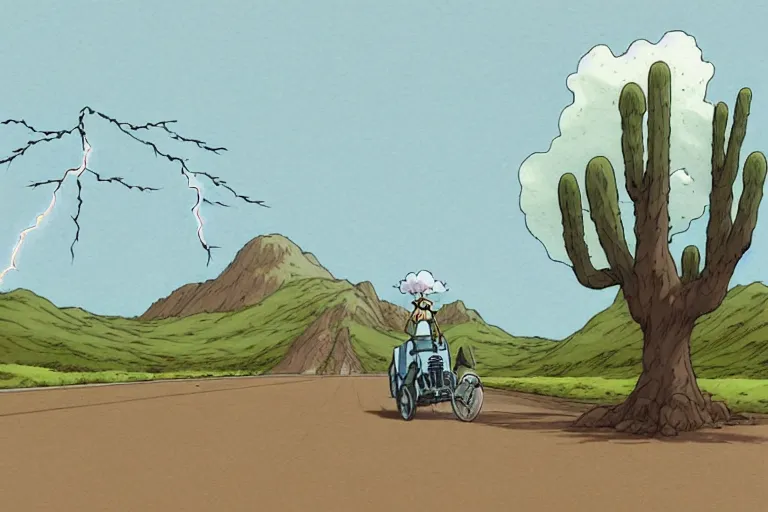 Image similar to a study of a cell shaded cartoon of lightning hitting a tree from howl's moving castle ( 2 0 0 4 ), on a desert road, full body, wide shot, very muted colors, post grunge, studio ghibli, laurie greasley, highly detailed, deviantart, art by artgem