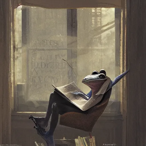 Prompt: A frog reading the newspaper in his armchair in the background books near a window by Greg rutkowski, Trending artstation