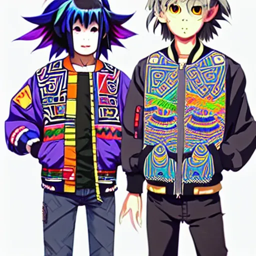 Image similar to majora majora's mask wearing oversized mayan bomber jacket with overalls, bulky poofy bomber jacket with mayan patterns, aztec street fashion, genshin impact art style, gapmoe yandere grimdark, trending on pixiv fanbox, painted by greg rutkowski makoto shinkai takashi takeuchi studio ghibli, akihiko yoshida