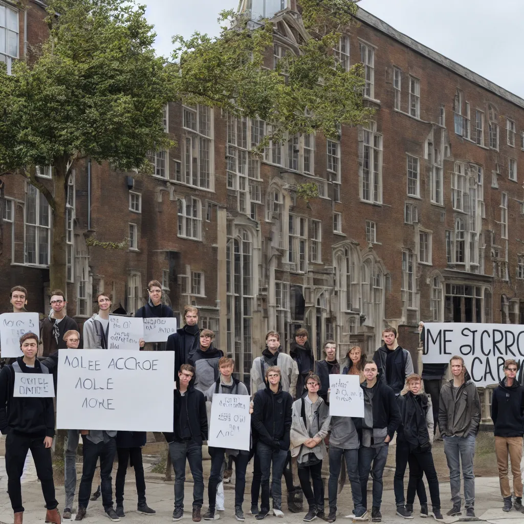 Prompt: a group of students stand in front of the cambridge architecture studio by mole architects, holding a sign with the words ARCSOC 2022–23