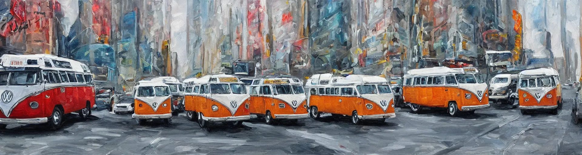 Image similar to a detailed oil painting of vw buses in new york city