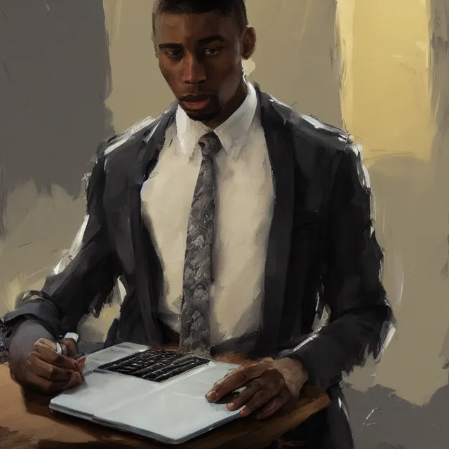 Image similar to a lightskinned black man with short hair, clean shaven, using a macbook, portrait, elegant, intricate, digital painting, artstation, concept art, smooth, sharp focus, illustration, art by konstantin korovin and daniel f. gerhartz and john howe