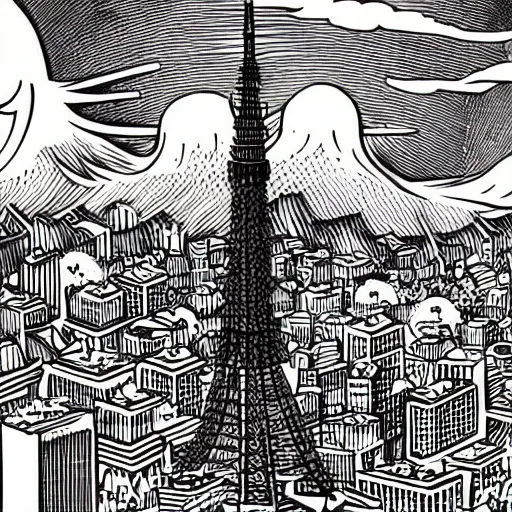 Prompt: mcbess illustration of a giant cat monster attacking tokyo tower