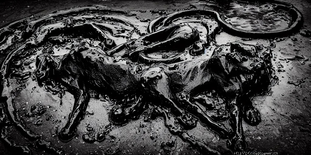 Image similar to the black lioness made of ferrofluid, laying on their back, dripping tar, drooling goo, covered in slime, sticky black goo, bathing in the pit filled with tar, dripping goo, sticky black goo. photography, dslr, reflections, black goo, rim lighting, cinematic light, tar pit, chromatic, saturated, slime