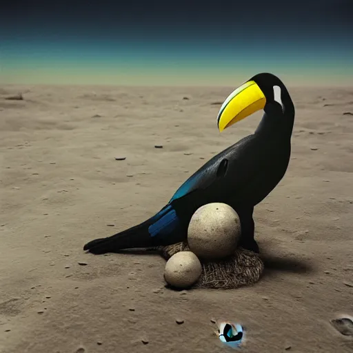 Image similar to photography hyperrealistic tucan on the moon
