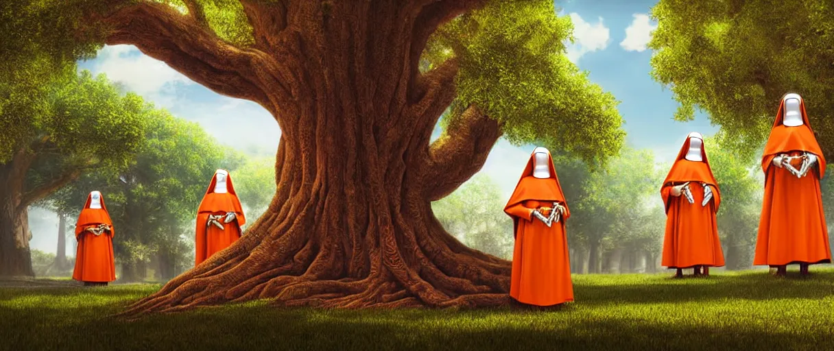 Prompt: hyperrealistic hyper detailed 35mm close-up of robot nuns protecting a giant oak tree matte painting concept art key sage jeff koons very soft orange lighting low angle hd 8k sharp shallow depth of field