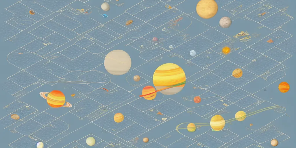 Prompt: solar system map axonometric pastel infographic by Wes Anderson