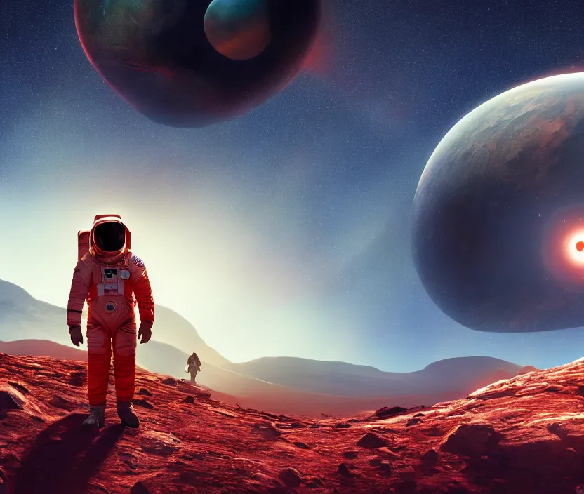 Image similar to a astronaut walking on a mountainous alien planet with a giant red planet with rings appearing in the sky at night, digital art, concept art, trending on DeviantArt, highly detailed, high quality, 8K, cinematic lighting