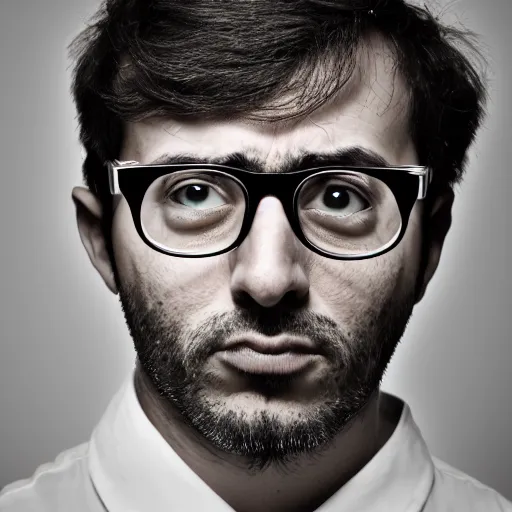 Prompt: portrait photograph of a male italian artist wearing glasses, anxiety and depression, intricate, elegant, highly detailed, hyper realistic, dark background, flickr, smooth, sharp focus, shot by canon