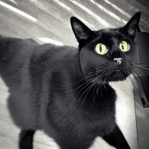 Prompt: a beautiful photo of a black cat posing on a catwalk